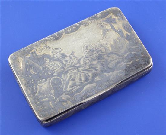 An early 19th century Russian 84 zolotnik silver and niello snuff box, 3.25in.